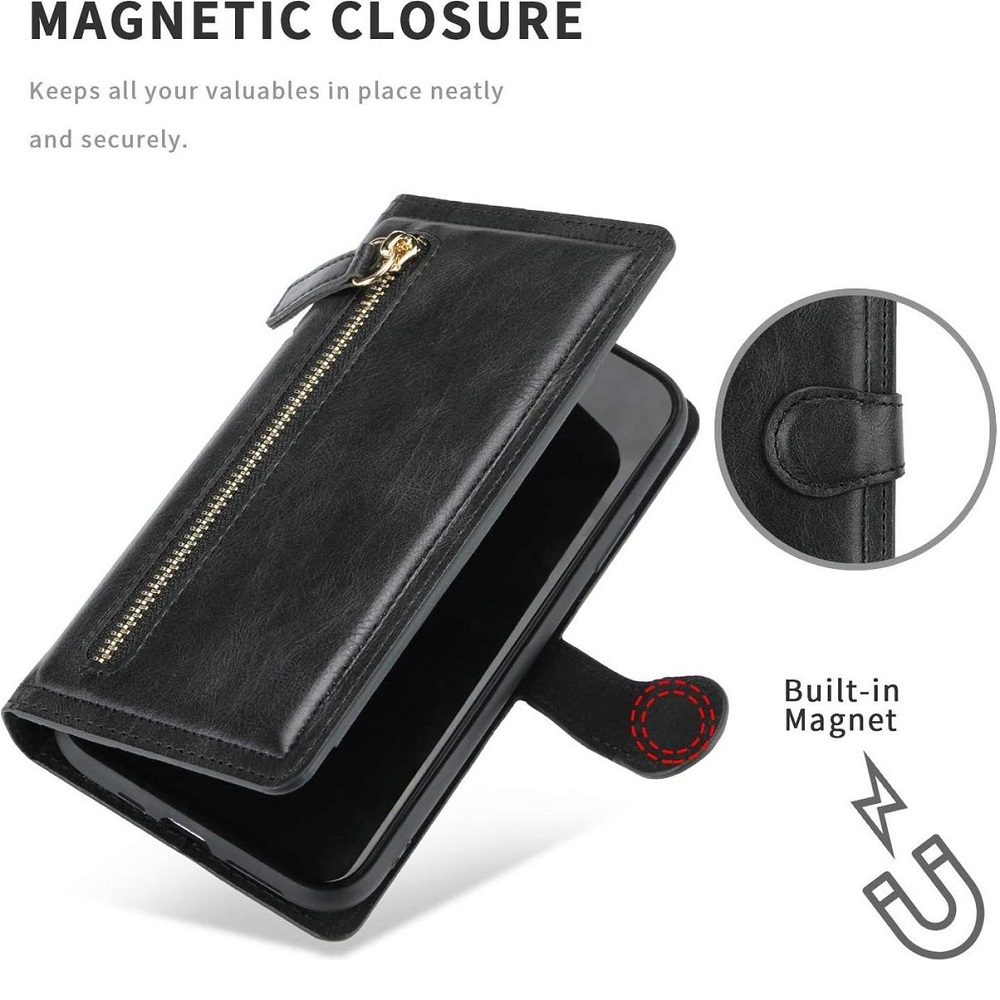 Hoesje geschikt voor Samsung Galaxy A72 Book case met ritssluiting van LuxeBass - Flipcover - Magnetisch - 5 kaarten houder - Zwart