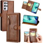 Hoesje geschikt voor Samsung Galaxy S21 Book case met ritssluiting van LuxeBass - Flipcover - Magnetisch - 5 kaarten houder - Donkerbruin