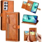 Hoesje geschikt voor Samsung Galaxy S21 Book case met ritssluiting van LuxeBass - Flipcover - Magnetisch - 5 kaarten houder - Lichtbruin