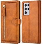 Hoesje geschikt voor Samsung Galaxy S21 Book case met ritssluiting van LuxeBass - Flipcover - Magnetisch - 5 kaarten houder - Lichtbruin