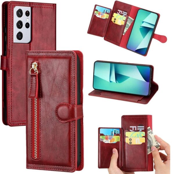 Hoesje geschikt voor Samsung Galaxy S21 Book case met ritssluiting van LuxeBass - Flipcover - Magnetisch - 5 kaarten houder - Rood