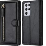 Hoesje geschikt voor Samsung Galaxy S21 Book case met ritssluiting van LuxeBass - Flipcover - Magnetisch - 5 kaarten houder - Zwart