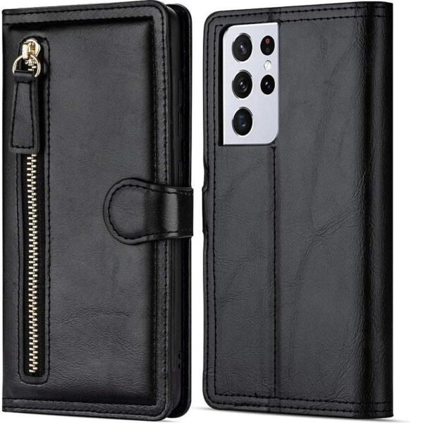 Hoesje geschikt voor Samsung Galaxy S21 Plus Book case met ritssluiting van LuxeBass - Flipcover - Magnetisch - 5 kaarten houder - Zwart