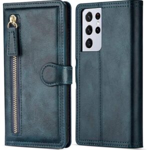 Hoesje geschikt voor Samsung Galaxy S21 Ultra Book case met ritssluiting van LuxeBass - Flipcover - Magnetisch - 5 kaarten houder - Donkerblauw