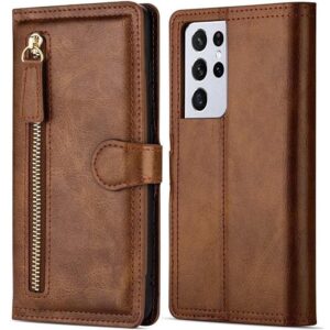 Hoesje geschikt voor Samsung Galaxy S21 Ultra Book case met ritssluiting van LuxeBass - Flipcover - Magnetisch - 5 kaarten houder - Donkerbruin