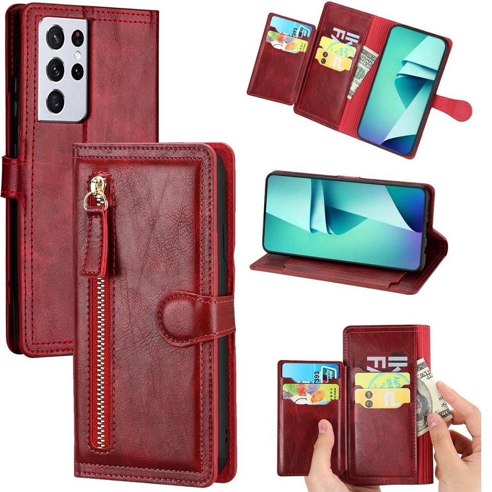Hoesje geschikt voor Samsung Galaxy S21 Ultra Book case met ritssluiting van LuxeBass - Flipcover - Magnetisch - 5 kaarten houder - Rood