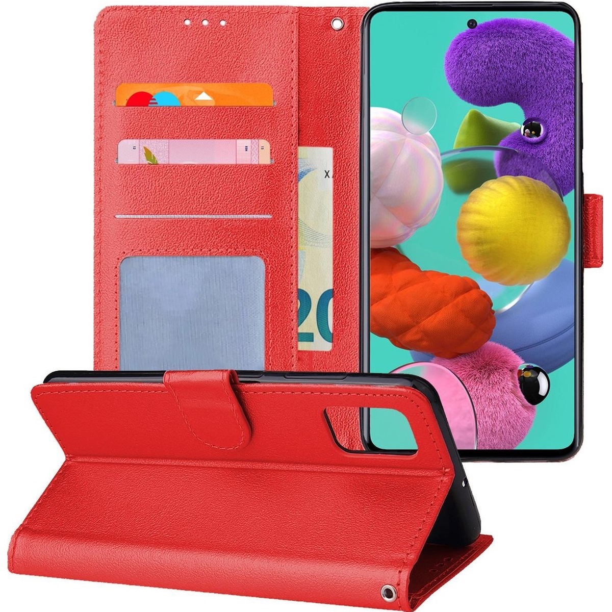 Telefoon Wallet Bookcase geschikt voor Oppo A15 ? Portemonnee telefoonhoesje voor Bankpassen ? Hoesje voor Oppo A15 ? Kunstleer ? Siliconen Houder ? Magnetische sluiten- Rood