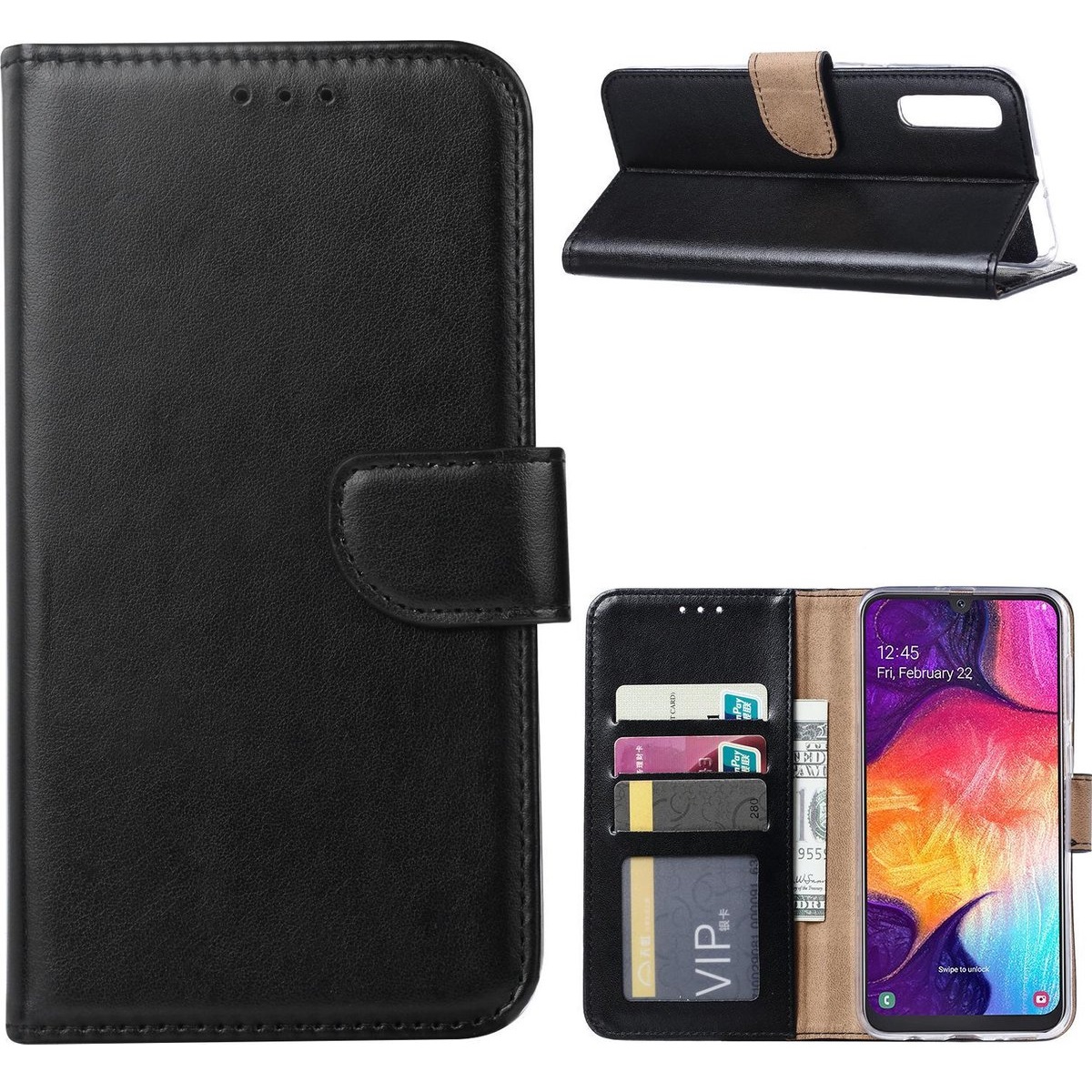 Telefoon Wallet Bookcase geschikt voor Samsung Galaxy A22 5G - Portemonnee telefoonhoesje voor Bankpassen - Kunstleer - Siliconen Houder - Magnetische sluiten- Zwart
