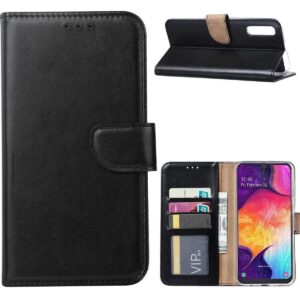 Telefoon Wallet Bookcase geschikt voor Samsung Galaxy A50 ? Portemonnee telefoonhoesje voor Bankpassen ? Hoesje voor Samsung Galaxy A50 ? Kunstleer ? Siliconen Houder ? Magnetische sluiten- Zwart