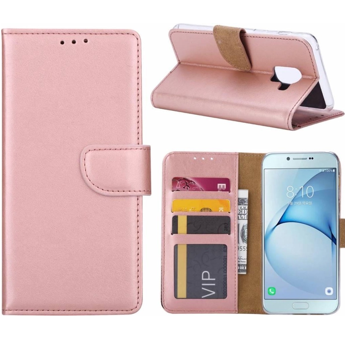 Telefoon Wallet Bookcase geschikt voor Samsung Galaxy A6 Plus (2018) - Portemonnee telefoonhoesje voor Bankpassen - Kunstleer - Siliconen Houder - Magnetische sluiten- Rose goud