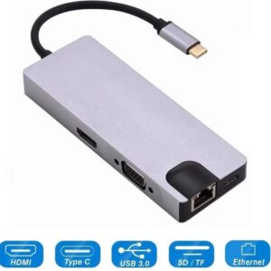 8in1 USB-c naar 4K HDMI + 1000M LAN  Gigabit Ethernet, SD / TF Kaartlezer, Type-C PD & USB 3.0 voor nieuwe Mac/Chromebook + VGA + SD / TF + PD + USB HUB, ondersteunt 4K HDMI 1080P VGA,