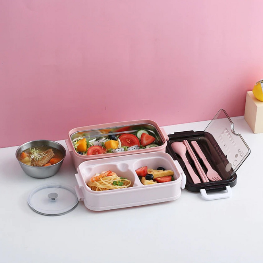 2-delig Bento Lunchbox met Bestek en Soepkom (blauw) MS-33