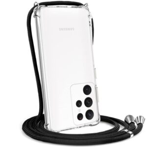 Hoesje geschikt voor Samsung Galaxy S22 Ultra 5G met koord - draagriem - nek - kettinghoesje - Antishock - Transparant