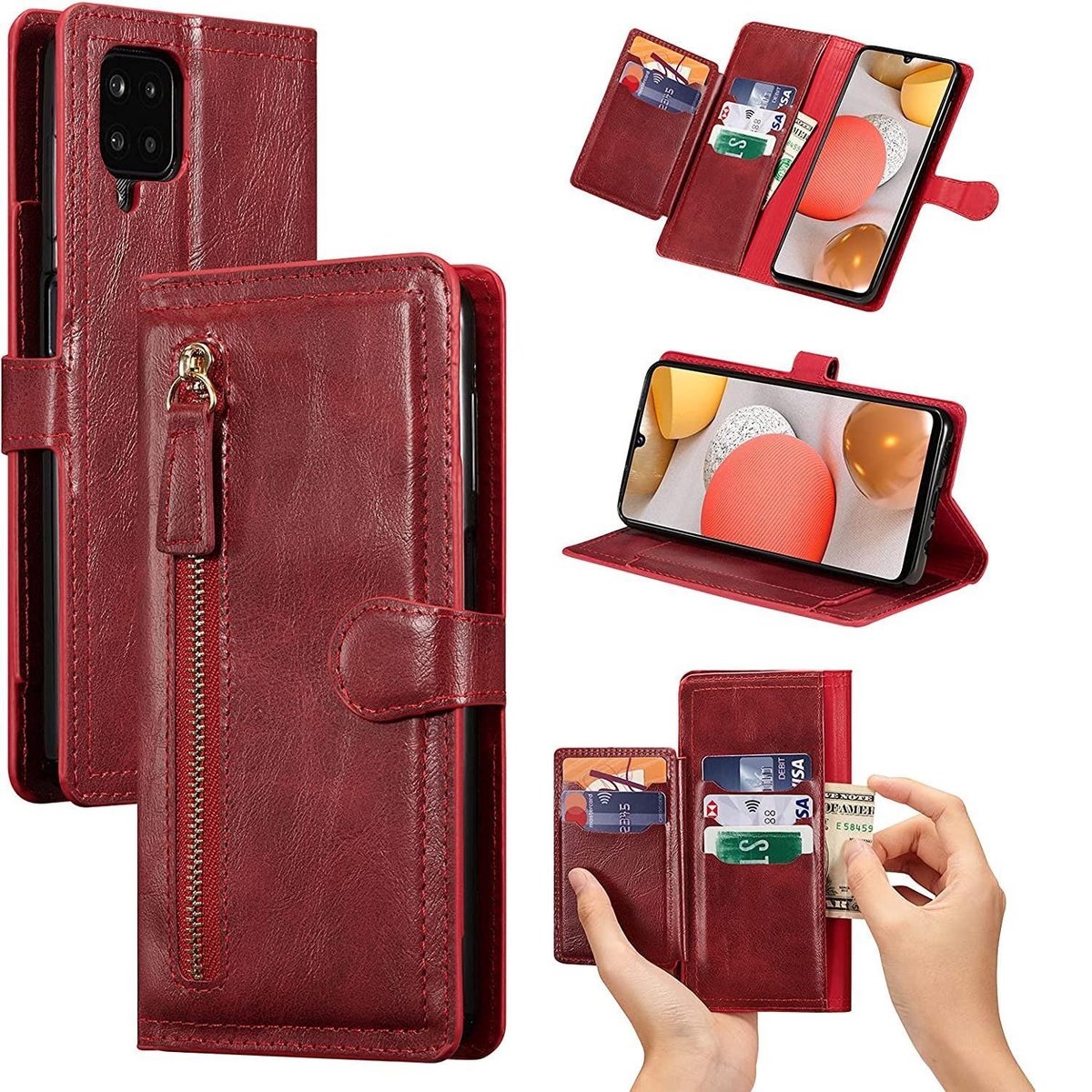 Hoesje geschikt voor Samsung Galaxy A42 5G - Boekhoesje - Rood - Vintage portemonne hoes met ritssluiting