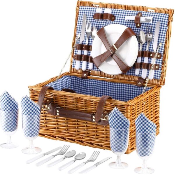 Rieten Picknickmand met Deksel Bestek Borden Glazen Kleed | 22L Picnic mand voor 4 personen | Picnic Hamper - LB618