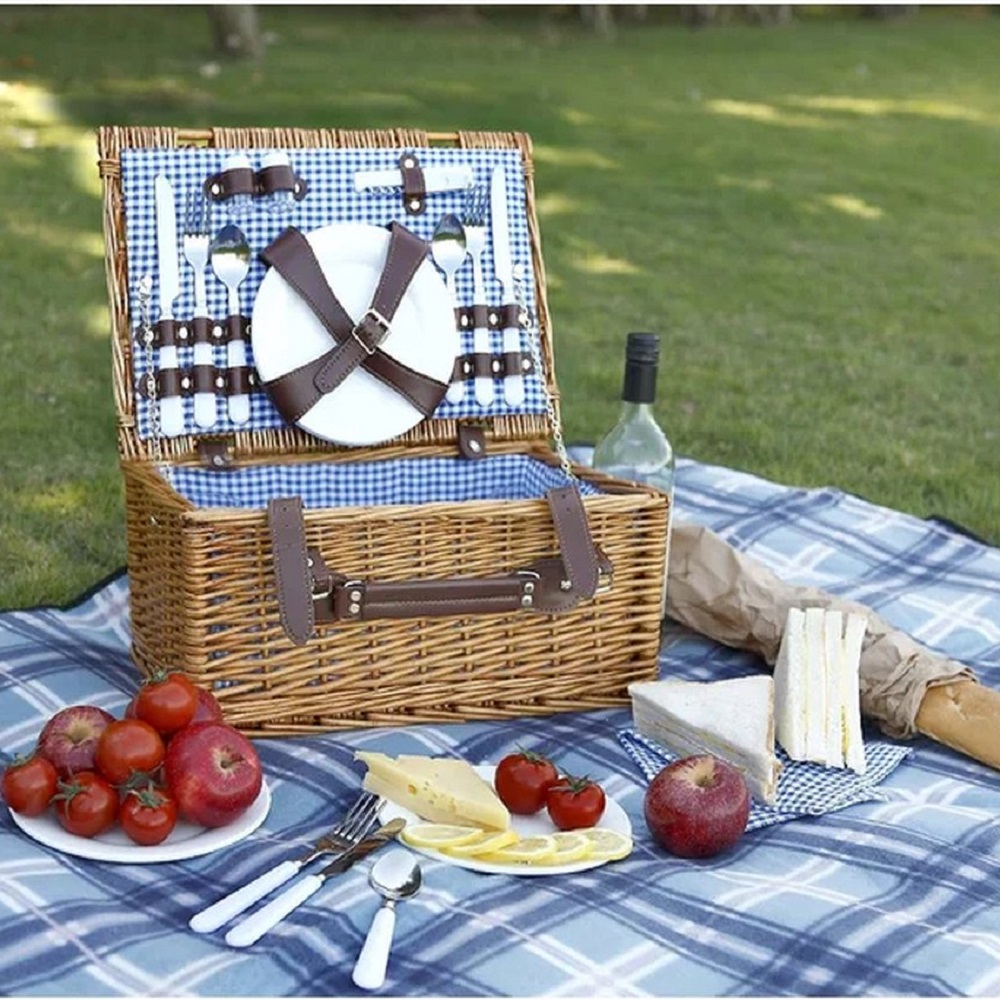 Rieten Picknickmand met Deksel Bestek Borden Glazen Kleed | 22L Picnic mand voor 4 personen | Picnic Hamper - LB618