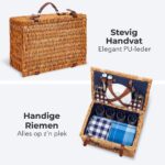 Rieten Picknickmand met Deksel Bestek Borden Glazen Kleed | 22L Picnic mand voor 4 personen | Picnic Hamper - LB618