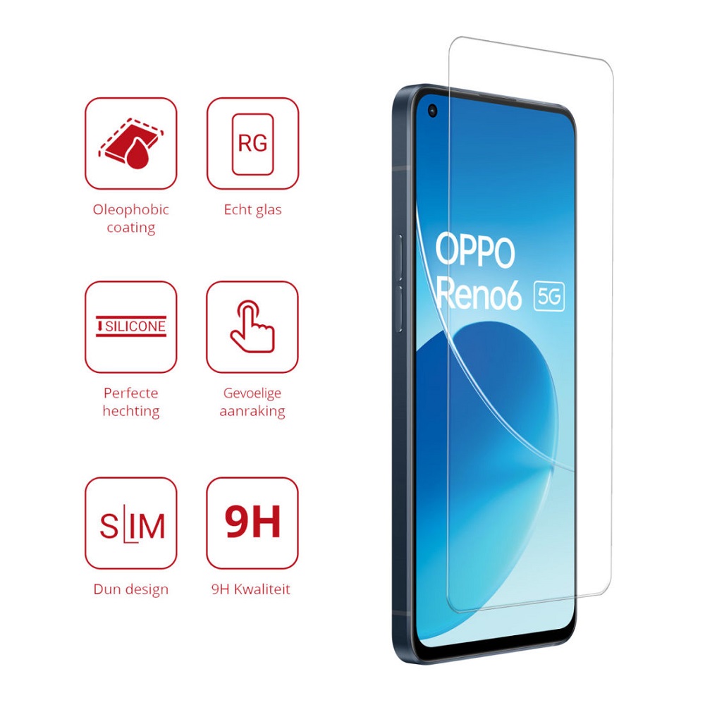 Tempered screenprotector geschikt voor Oppo Reno 6 Pro - Transparant - Gehard glas - scherm beschermer